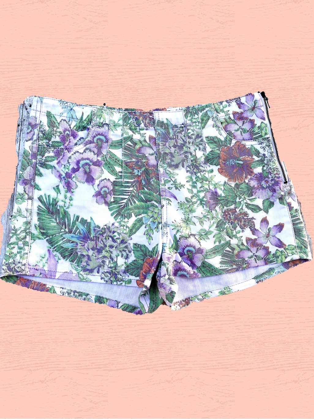 White Floral Denim Shorts Tropical Summer Garden Festival Size 7 Love, Fire Euc